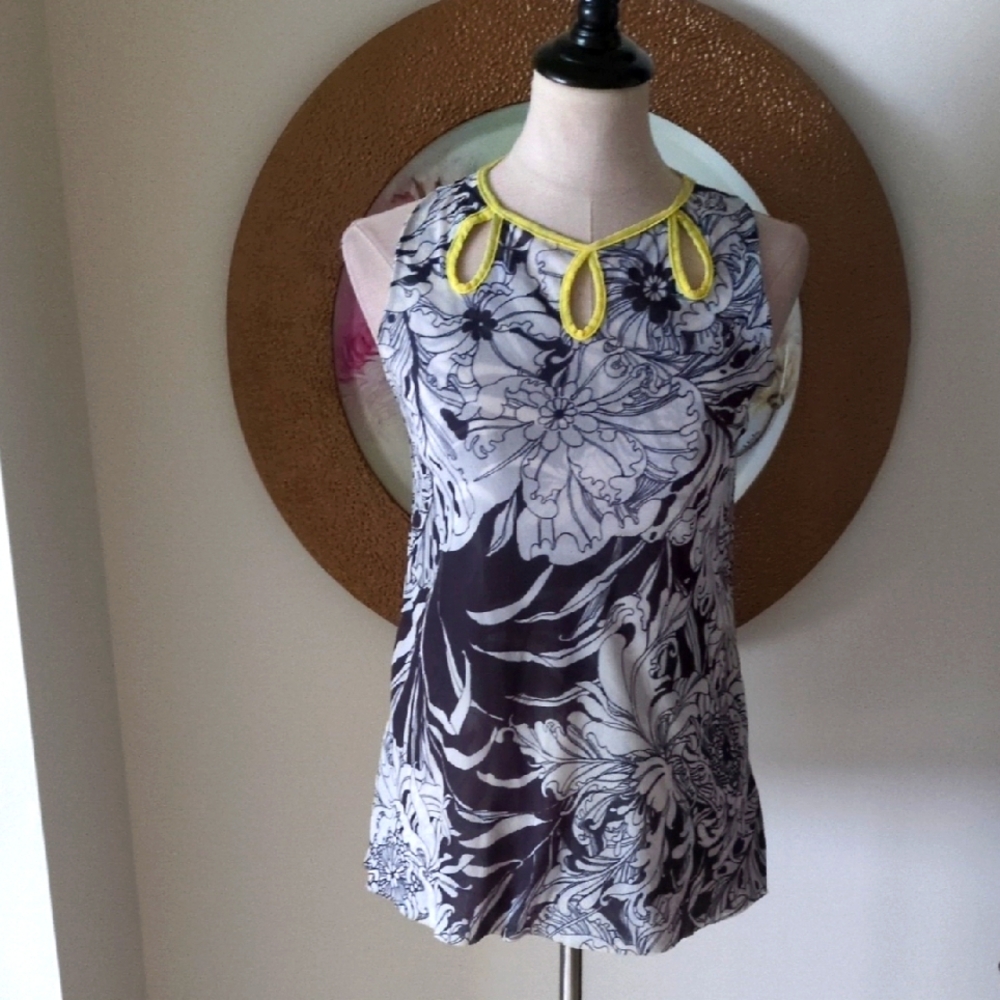 Anthropologie Sweet Pea Floral Print Sleeveless Top with Yellow Accents